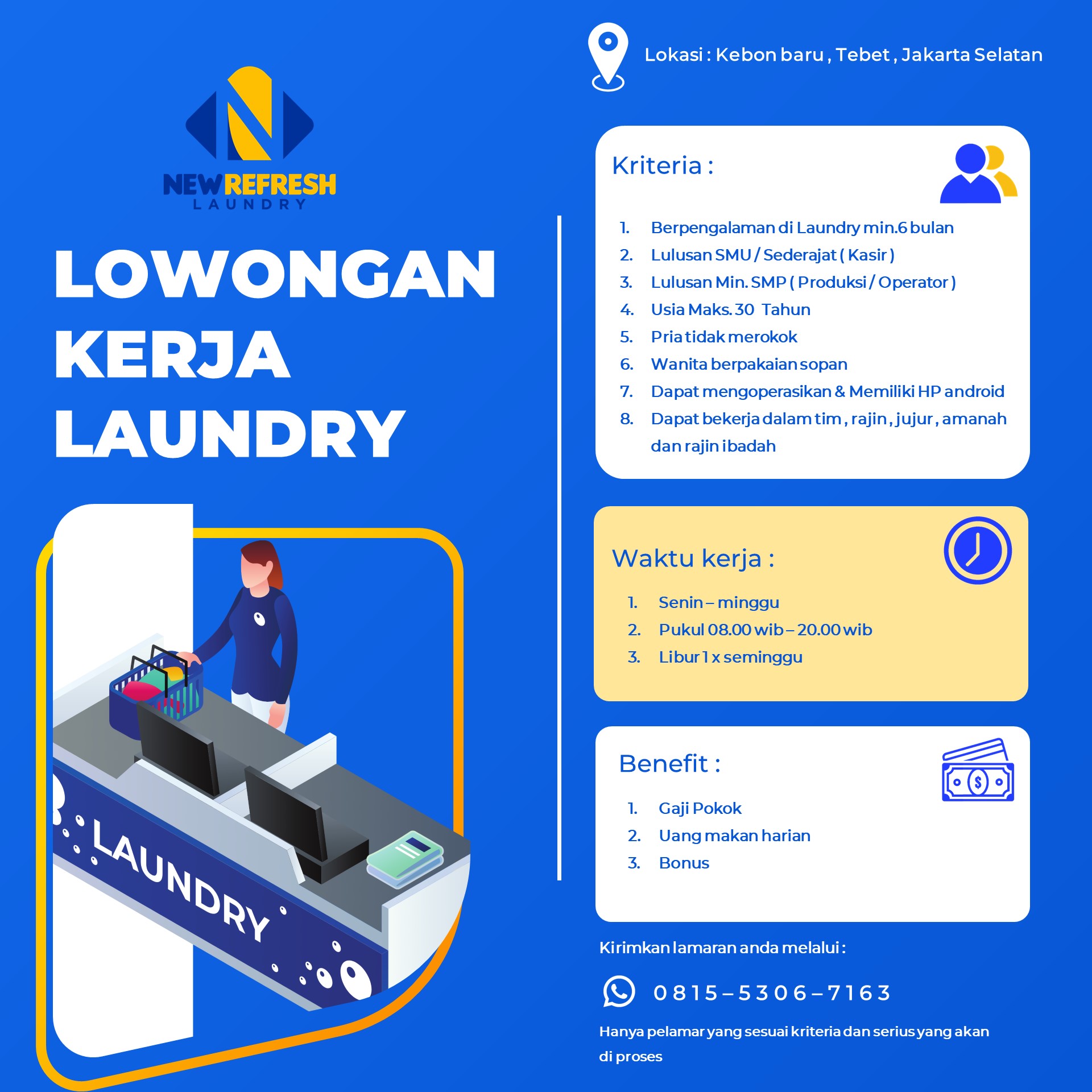 LOWONGAN PEKERJAAN DI LAUNDRY untuk bagian Kasir , Admin dan Produksi